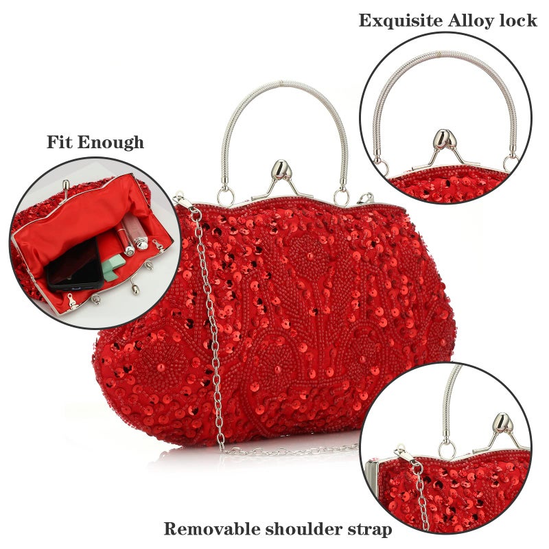 Simcat SSMY Beaded Sequin Design Flower Evening Purse Large Clutch Bag (red) - Image 3